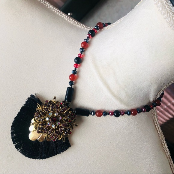 Hand Crafted Jewelry - Handcrafted repurpose Florenza fringe pendant black onyx carnelian necklace
